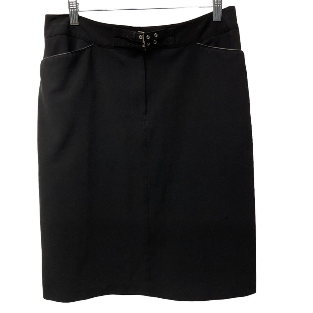 Larry Levine‎ Stretch Pencil Skirt Black Buckle Size 12 Classic Work Minimalist - Picture 2 of 16